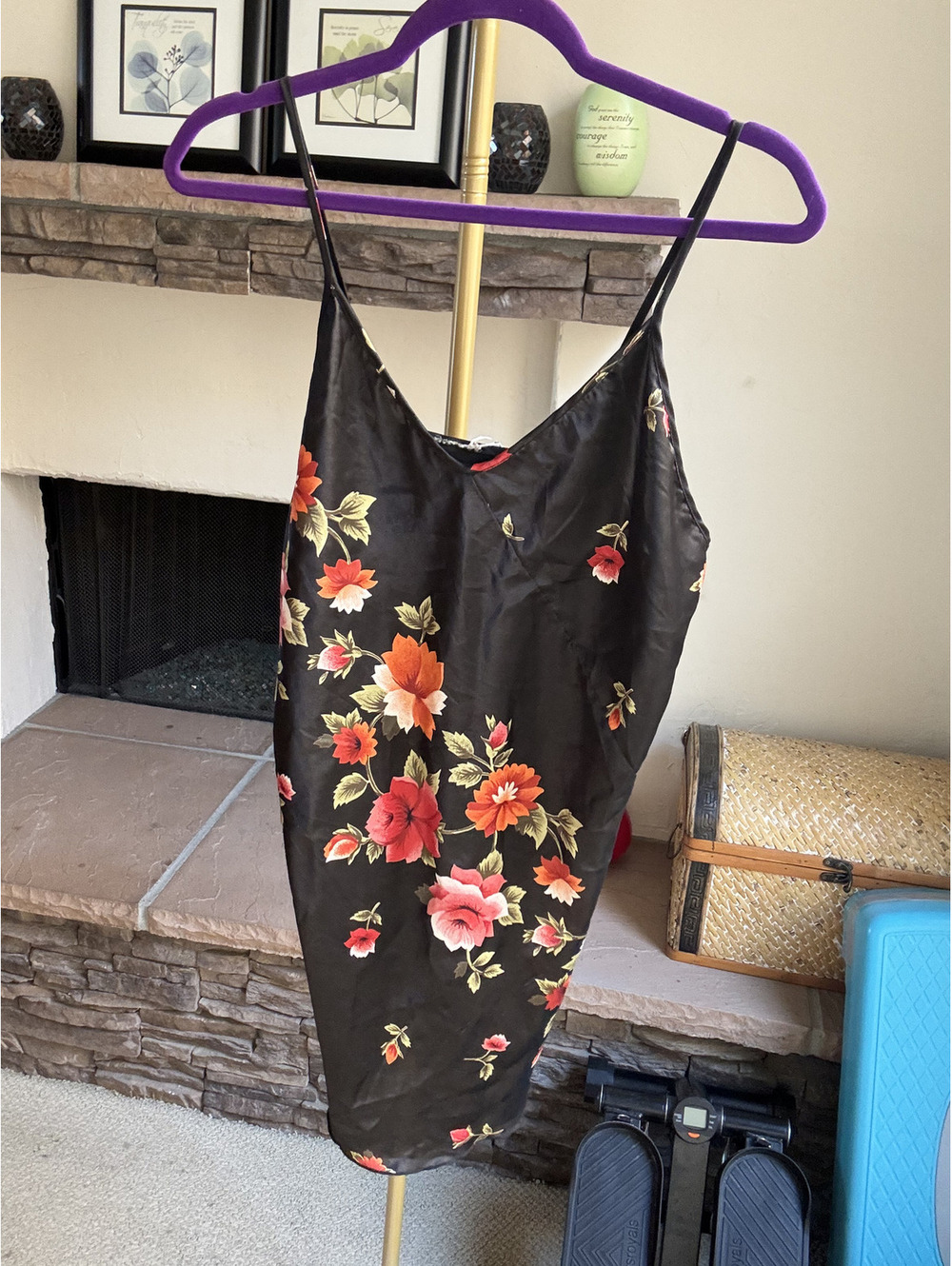 No label Black satin slip dress with red and pink roses Size L